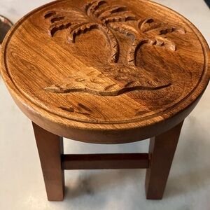 Hand-Carved Solid Wood Accent Stool – Palm Tree Design